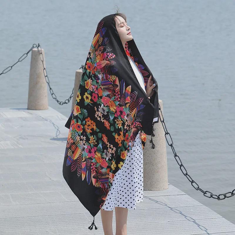 Seaside Travel Cotton & Linen Scarf: Silk Print, Sunscreen Shawl
