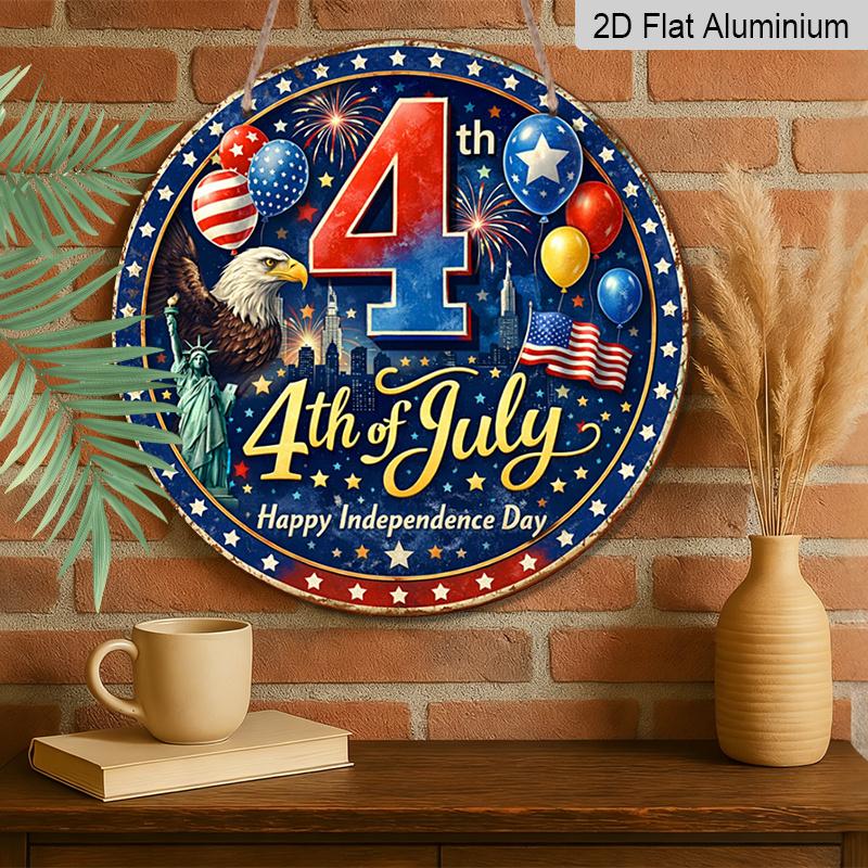 2D Flat, 1pc Round 4th of July Aluminum Hanging Sign, Patriotic Bald Eagle Statue of Liberty Balloon Firework Design, Retro Distressed Patriotic Wall