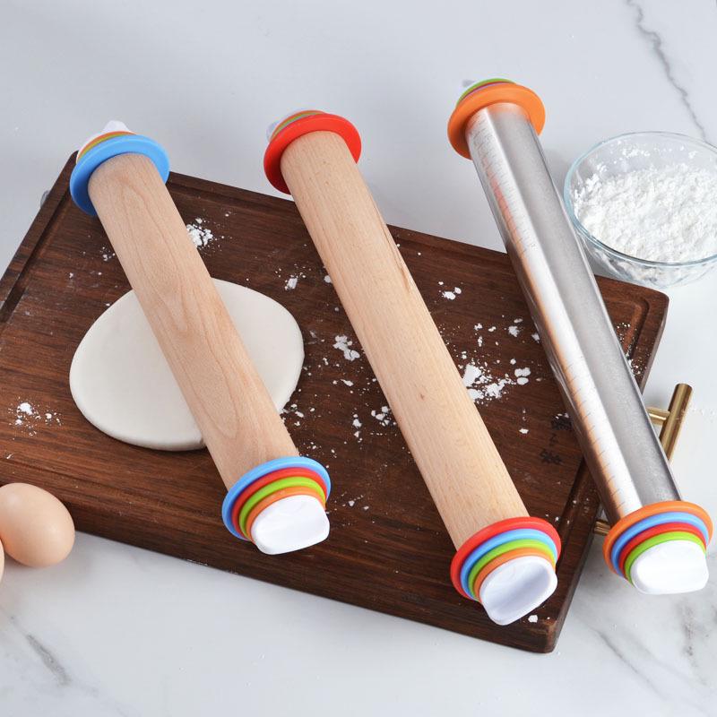 Adjustable Stainless Steel and Beech Wood Rolling Pin - Thickness Control for Dough Kneading