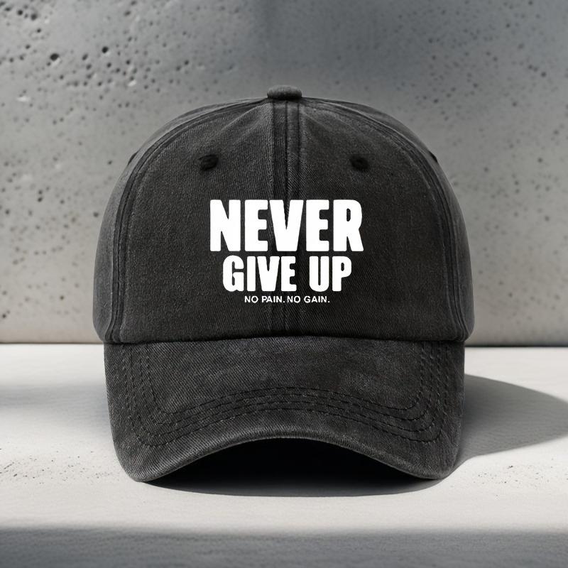 1pc Vintage Distressed Baseball Cap "NEVER GIVE UP" Funny Print Breathable Hat for Women and Men,Adjustable Outdoor Vacation Cap
