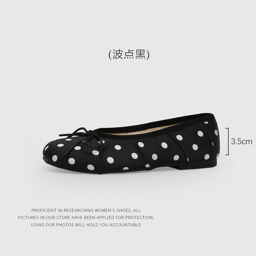 Bow Satin Spring Polka Dot Light Mouth Single Shoes Flat Ballet