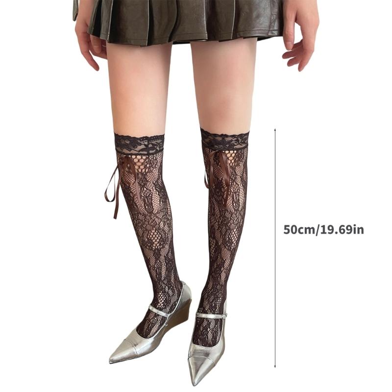 Floral Lace Thigh High Stockings Laces up Over Knee Highs Socks Fishnet Stockings Sweet Bows Thigh High Sock Hosiery