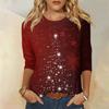 Women's Fashion Casual Round Neck 3/4 Sleeve Loose Christmas Printed T-Shirt Ladies Top