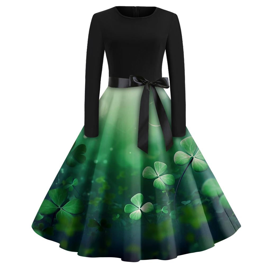 Women's Fashion Round Neck Casual Slim St Patrick's Day Printed Long Sleeve Dresses