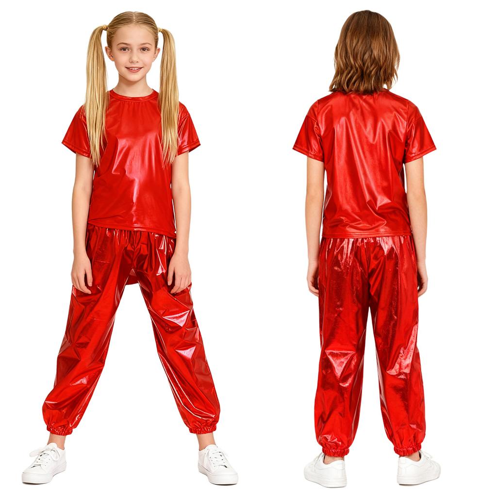 Children Stage Performance Outfit Kids Dance Party Costume Set Metallic Shiny T Shirt with Pants Unisex Ballet Jazz Wear