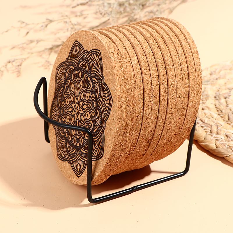 12Pcs Mandala Design Round Shape Wooden Coasters With Rack Round Cork Coaster