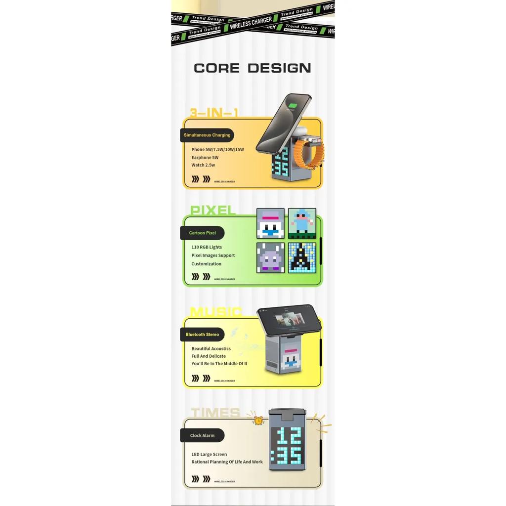 6 в 1 магнитная беспроводная зарядная подставка Bluetooth-динамик будильник для Magsafe IPhone 16 15 14 Pro Max Airpods Pro Apple Watch