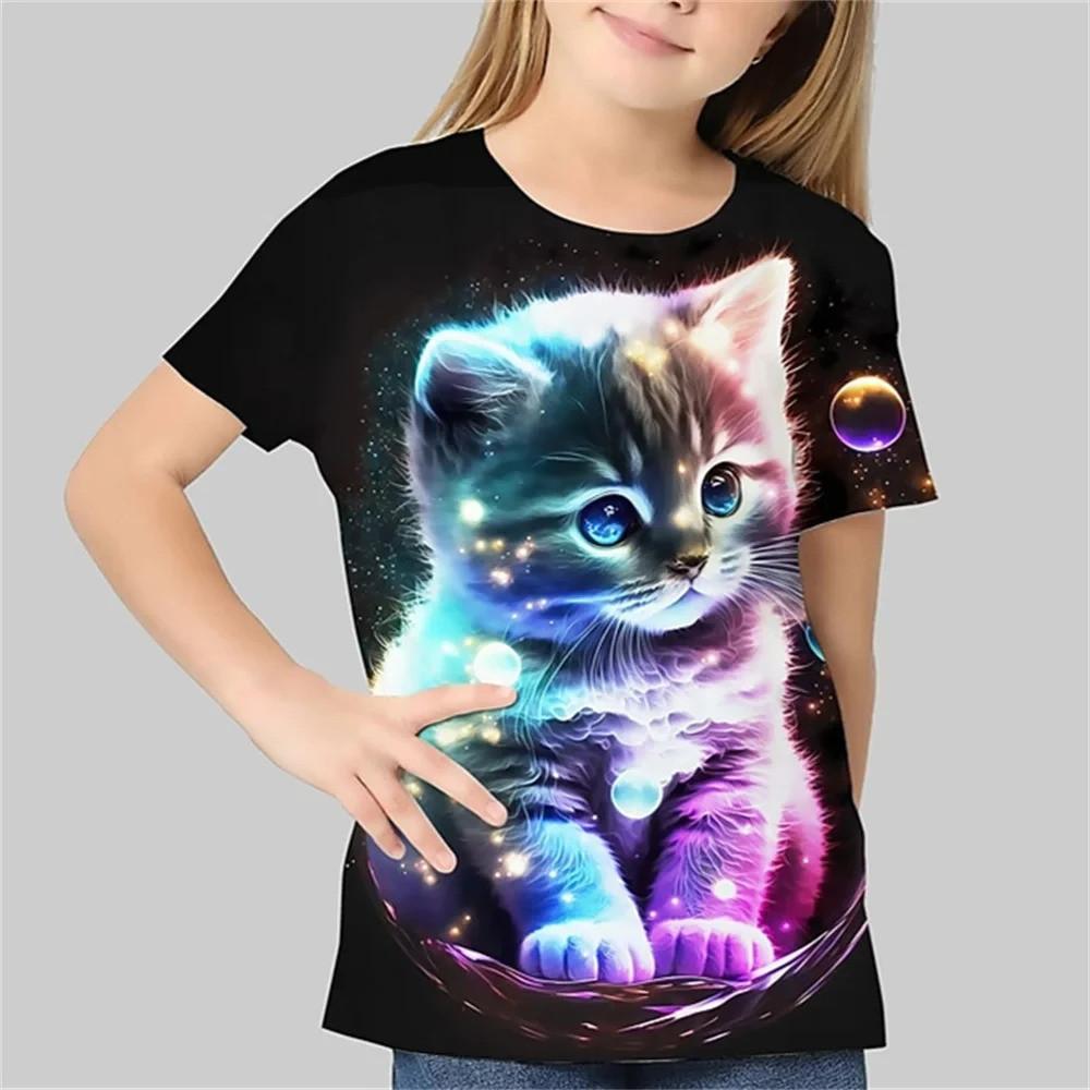 Children's clothing summer children's girls boys' T-shirts cat 3D printed round neck casual tops animal