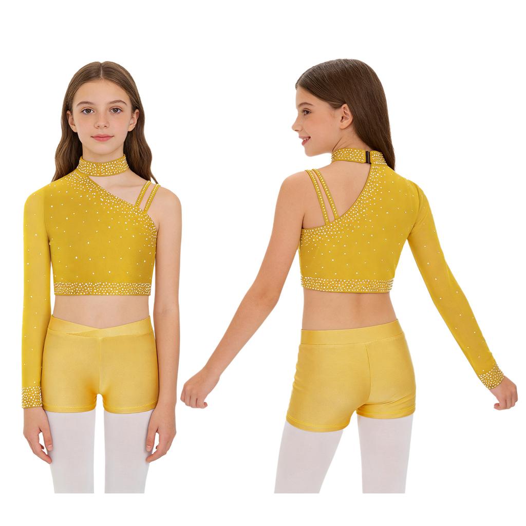 Блестящий укороченный топ для танцев со стразами для девочек: Шорты с асимметричным плечом и V-образным поясом для танцевальных выступлений