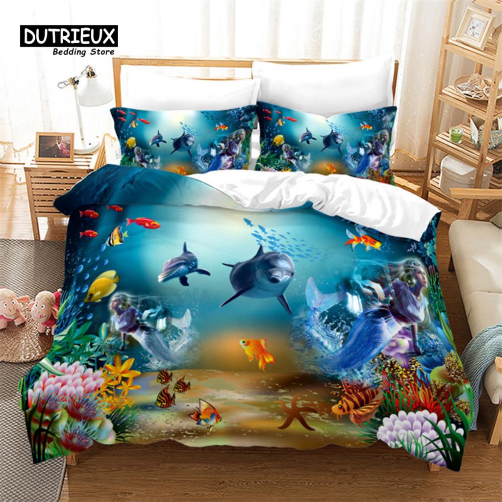 Fish Sea Turtle Duvet Cover Jellyfish Seashell Starfish Bedding Set Microfiber Marine Theme Quilt Cover Twin Full For Kids Adult
