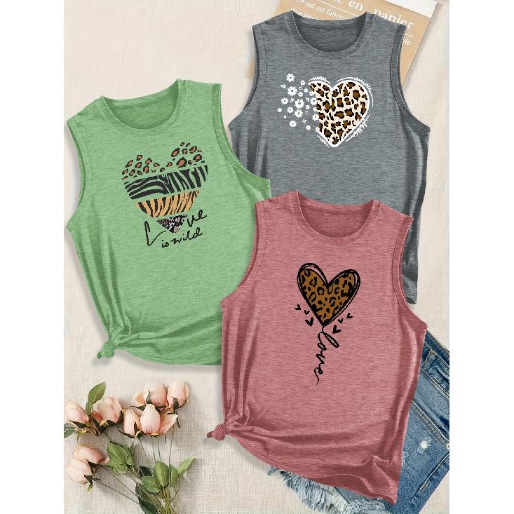 Women's Elegant Leopard Print Love Letter Combination Gift Printed Pattern Round Neck3Sleeveless vest spring/summer women's top