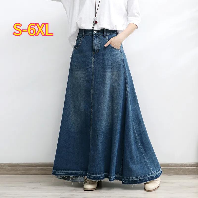 Длинная джинсовая юбка больших размеров, женская осенняя тонкая драпировка, полудлинная юбка-зонтик А-силуэта с высокой талией