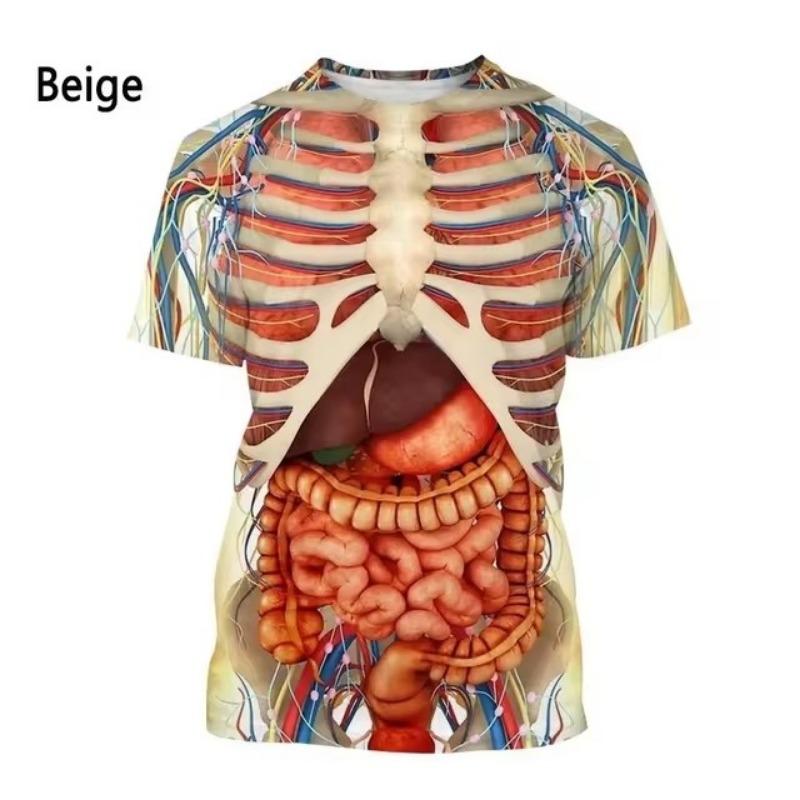 Fashion New Printing Human Organs and Bones Men's T-shirt Casual Short Sleeved Round Neck Harajuku Large Comfortable