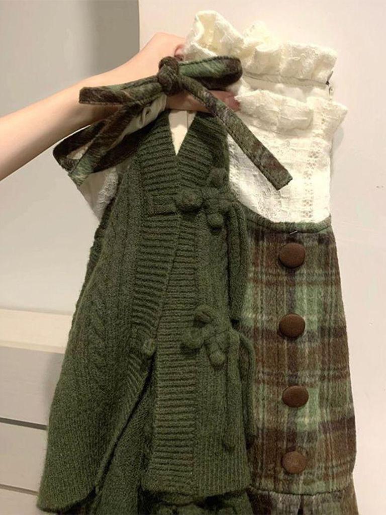 Ретро клетчатый костюм-двойка в стиле мори из смесовой шерсти, 2025: Платье с завышенной талией для студентов, Осень/Весна