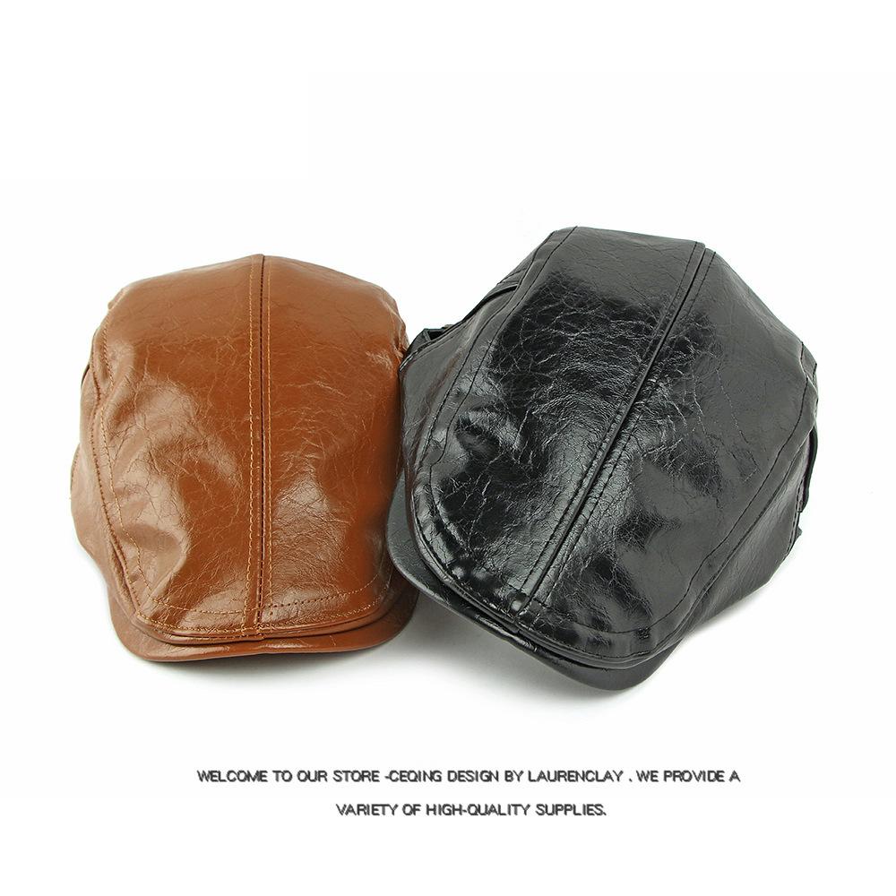 Autumn Winter Hat Men's PU Leather Beret British Retro Forward Hat Warm Peaked Cap