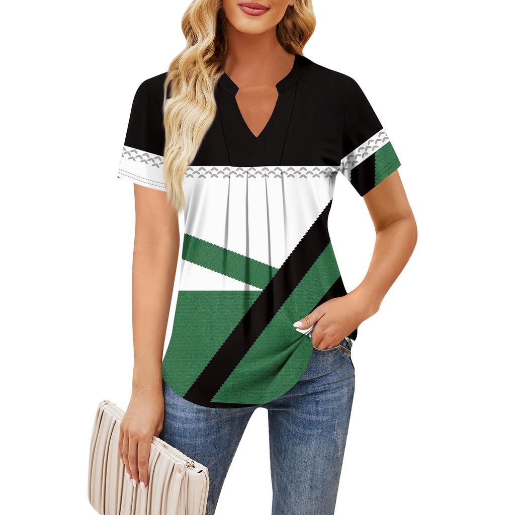 Women's Short Sleeve Casual V-neck Chest Pleated Printed Loose T-shirt Top