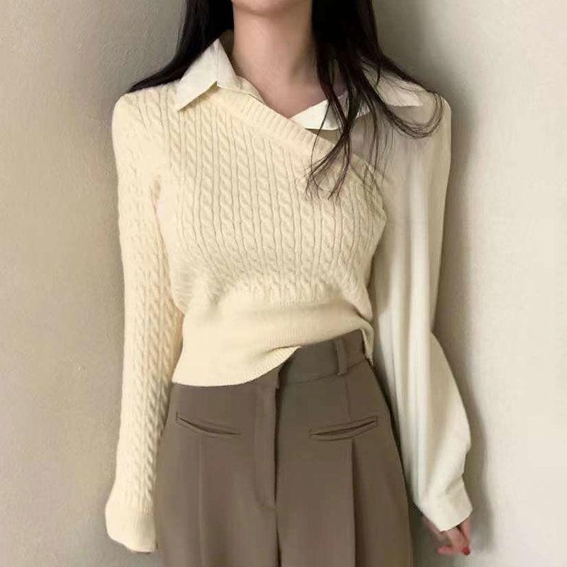 Pullover Korean Chic Autumn Niche Design Lapel Splicing Shirt Fake Two Fried Dough Twists Pattern Knitted Sweater Women