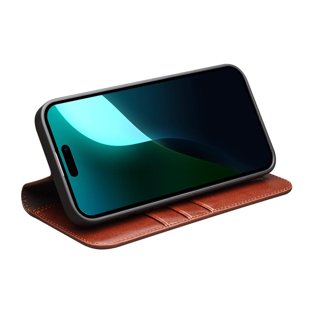 QIALINO For iPhone 16 Case Genuine Cow Leather Card Holder Stand Flip Phone Cover