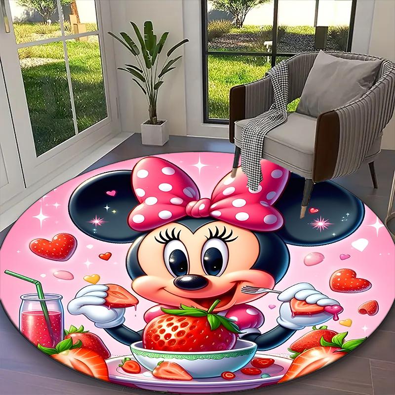 [Minnie Mouse Red Bow Moon Pastel Floral Printed Carpet] Non-slip Office Rug, Cozy Round Carprt for Living Room Use, Soft Home Sofa Chair Mat