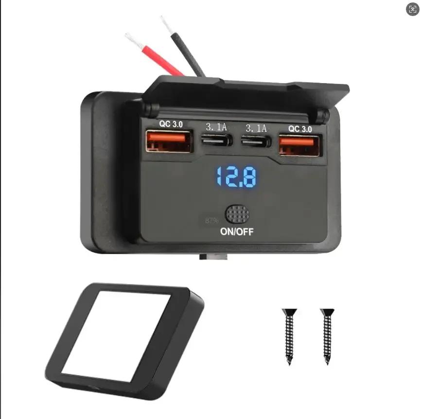 Розетка автомобильного зарядного устройства 12В-24В PD 30Вт и QC 3.0 18Вт USB C с двумя портами, панель гнезда быстрой зарядки с кнопочным переключателем для RV, лодки, автомобиля