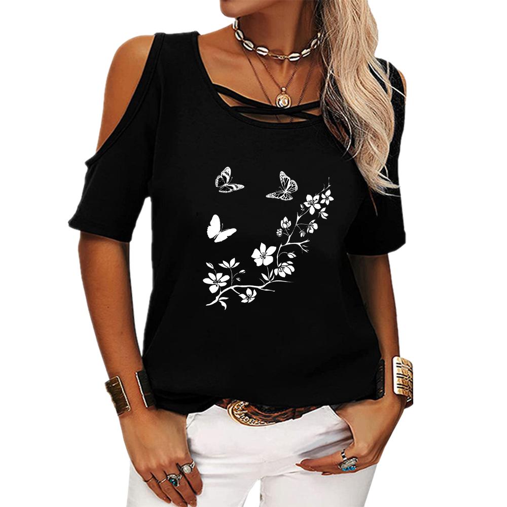 Women Fashion Off Shoulder Top Casual Round Neck Summer Tee Shirt Print Short Sleeve T-shirt