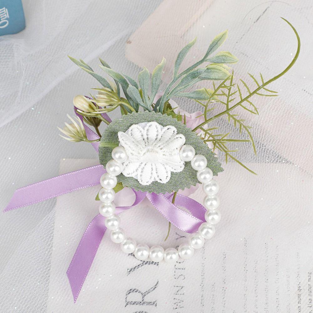 Pearl Bridegroom-bride Corsage Simulation Flower Rose Corsage Elegant Pearl Wrist Flower  Prom