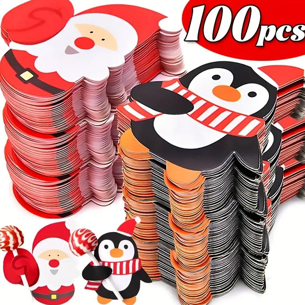 50/100pcs Christmas Lollipop Paper Cards Cartoon Santa Claus Penguin Snowman Kids Candy Gifts Package Wrapping New Year Party