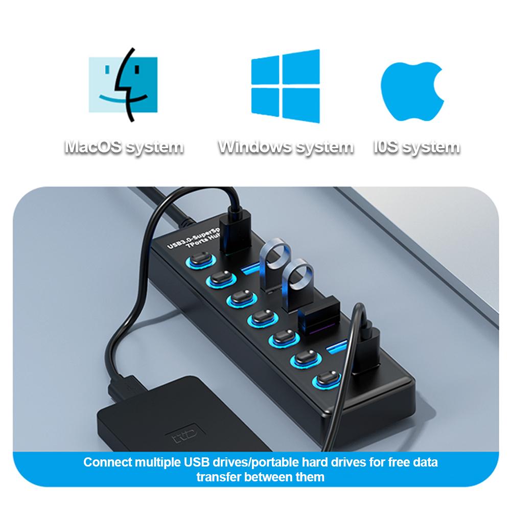 KEBIDUMEI USB-хаб на 7 портов USB 3.0, разветвитель 5 Гбит/с с индивидуальными переключателями, адаптер питания для ноутбука, расширитель USB-портов, USB-C док-станция