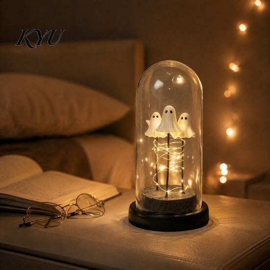 Halloween Ghost Night Light Decorations, 3 Mini Up in Cloche, with Figurine Warm LED Lights, Cute Spooky Decor for Home Mantel Tabletop Party Desk