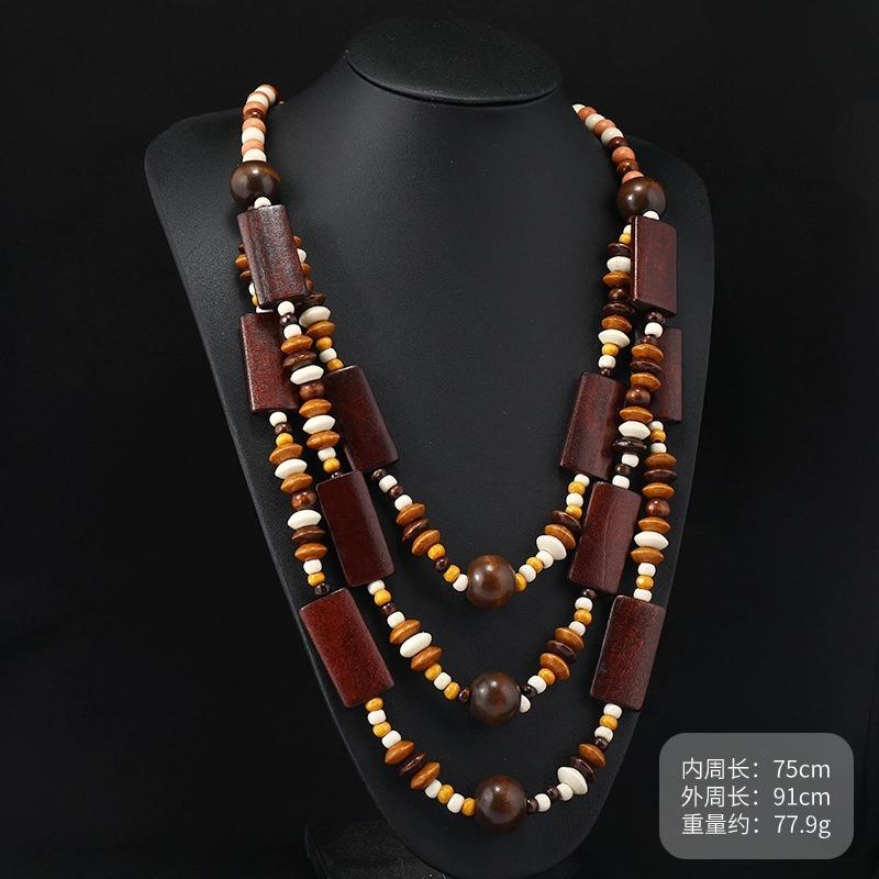 Vintage Exaggerated Wooden Necklace Maillard Vacation Women's Bohemian Long Niche Sweater Chain Earrings