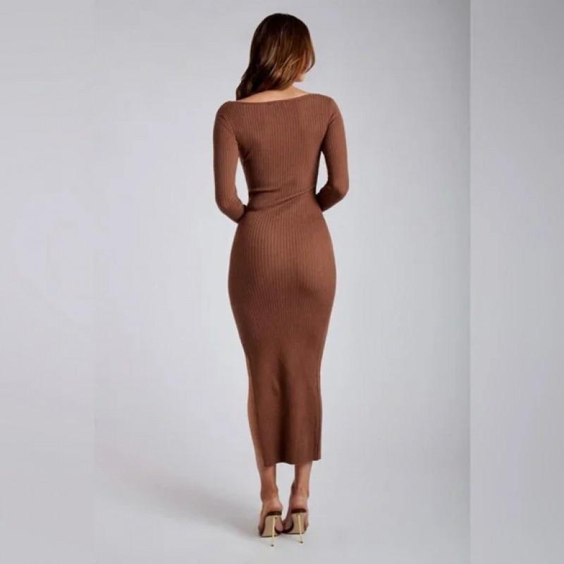 Womens Long Sleeve Knit Dress Slim Fit Sexy Split Bodycon Midi Daily Wear