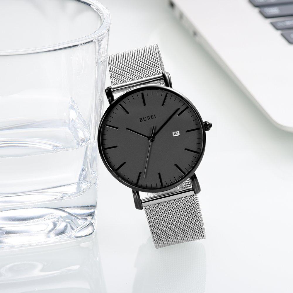 Watch Simple Waterproof Analog Popular Watch Brand Stylish Milanese Mesh Belt Gray Black Watch [BUREI] Men's Men's