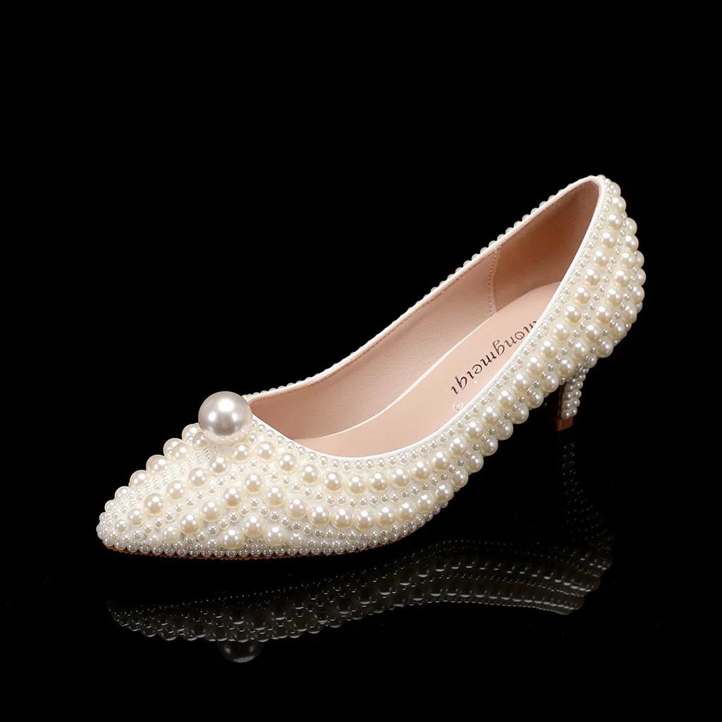 Fashion New Luxury High Heel Women's Shoes 8.5cm Thin Heel Pointed White Pearl Bridal Wedding Shoes Fashionable Shallow Mouth High Heels