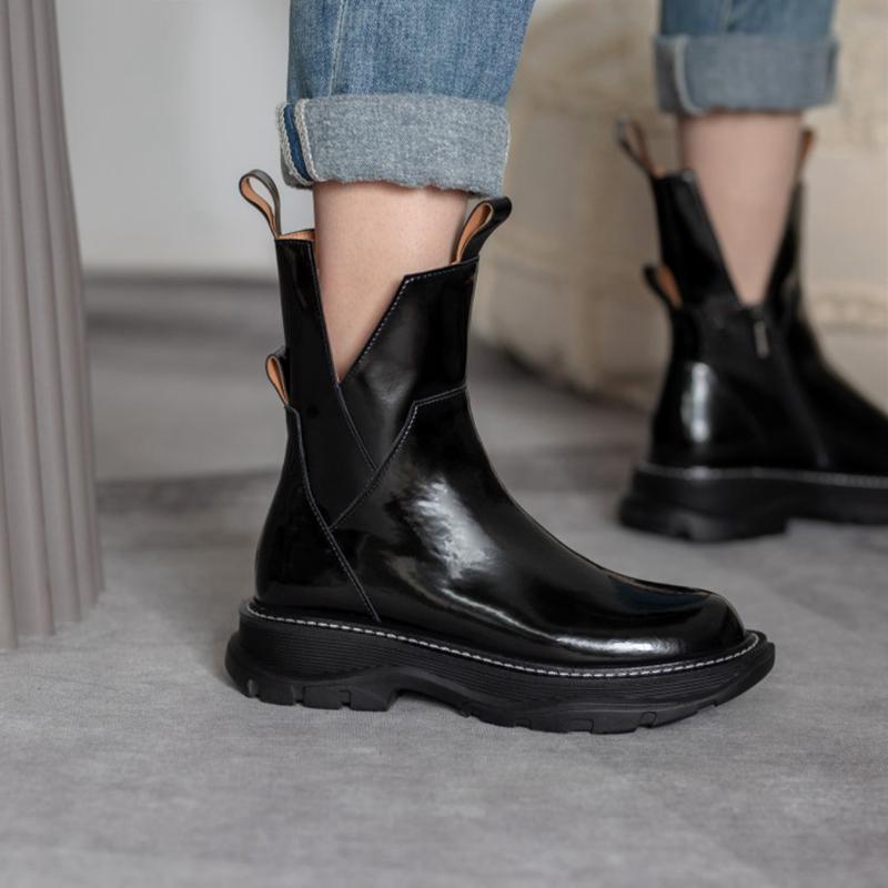 Women Shoes Platform Women Boots  Winter Genuine Leather Zip Ankle Boots Women Autumn Black Zapatos De Mujer Chunky Boots