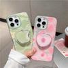 Summer Cute Peach Magnetic Stand Phone Case For iPhone 16 Pro 15 14 13 Pro Max Cover with Magsafe Holder Girp Shockproof Cases