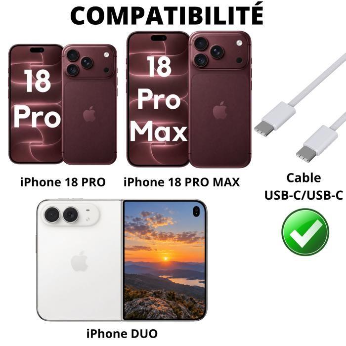 Cable USB-C USB-C pour iPhone 18 PRO/iPhone 18 PRO MAX/iPhone DUO - Câble nylon tressé 1 mètre Phonillico®