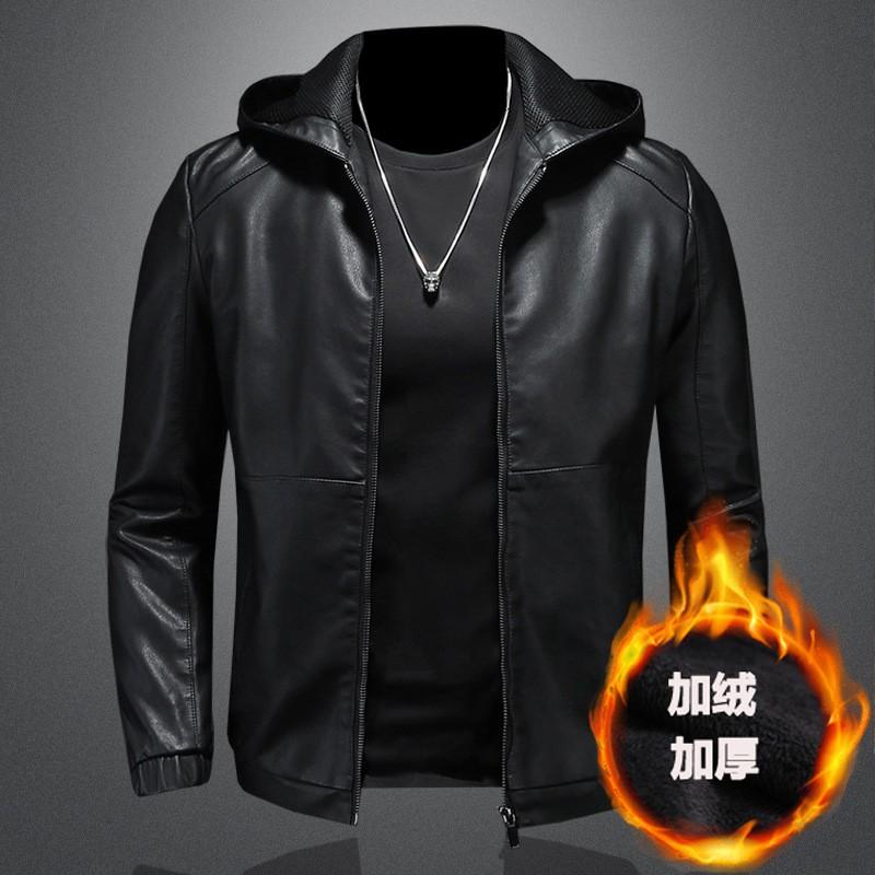 Mens Black PU Leather Hooded Jacket Slim Fit Casual Biker Style Winter Outerwear