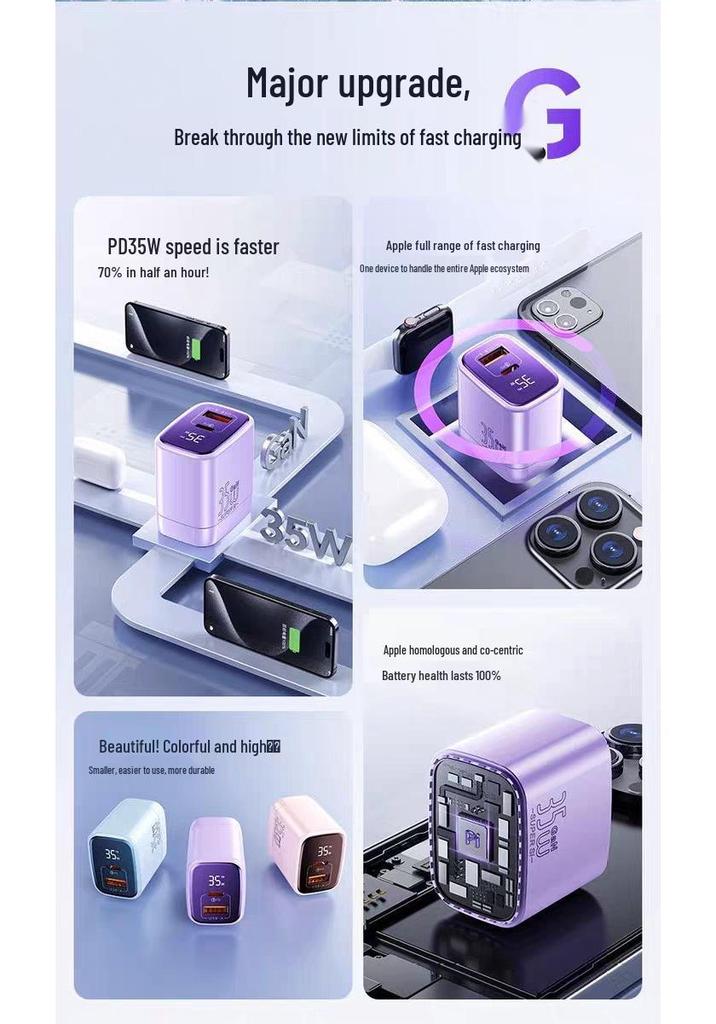 Быстрое зарядное устройство с двумя портами PD35W, совместимое с Apple, с плетеным кабелем
