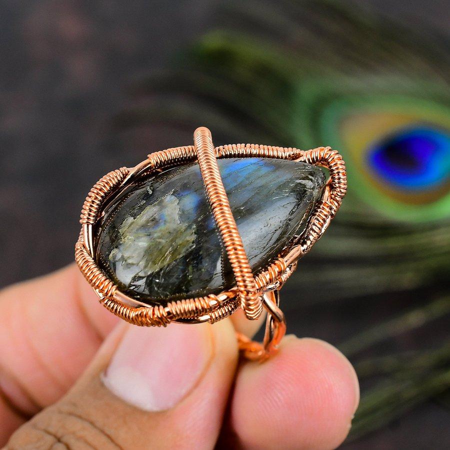 Natural Labradorite Gemstone Handmade Copper Wire Wrap Gift Ring Size 9 o9J76