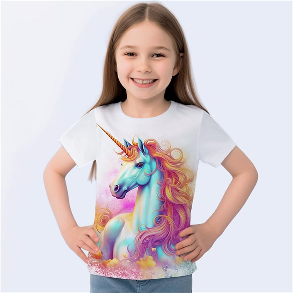 2025 Футболка с принтом животных и лошадей 3D для девочек, милые футболки для девочек, детская подарочная футболка с коротким рукавом, повседневный топ, детская одежда