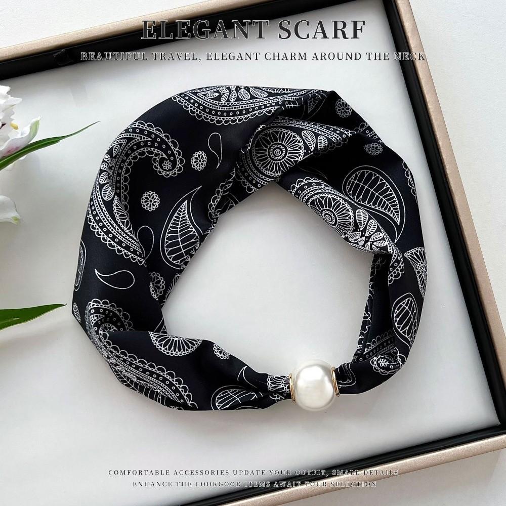 Thin Pearl Silk Scarf Magnetic Clasp Neck Wrap Fashion Neckerchief for Women