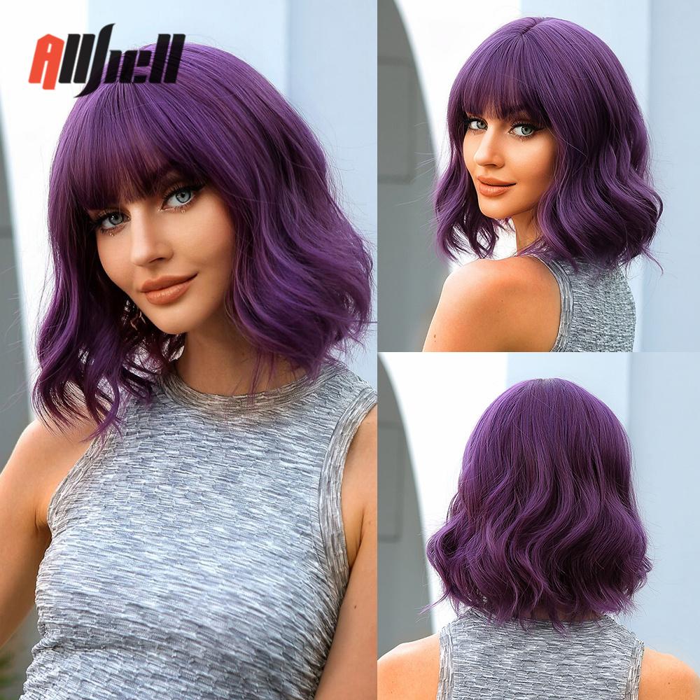 Synthetic Bob Hair Wig with Bangs Ombre Platinum Blonde Cosplay Wigs for Women Short Heat Resistant Female Daily Lolita Wavy Wig