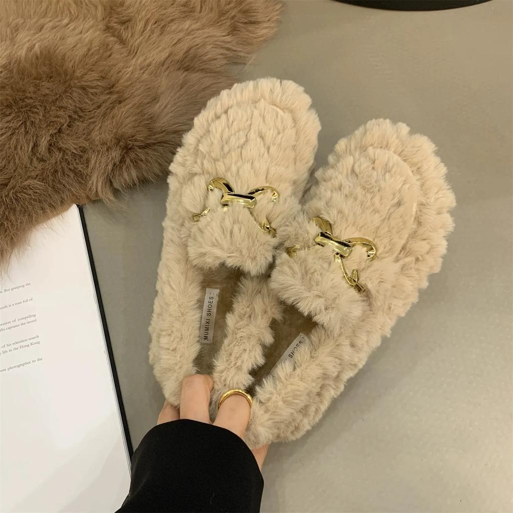New Fashion Luxury Lambswool Women Loafers Moccasins Femme Winter Cotton Shoes Warm Plush Shoes for Women Chain Ladies Shoe