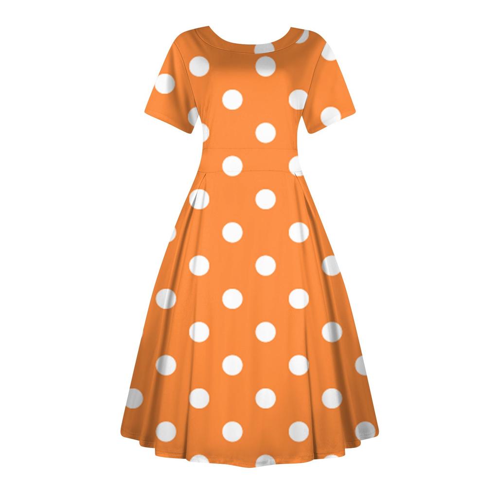 Women's Casual Fashion Dress Vintage Sunflower Printed Round Short Sleeve Waisted Midi Long Big Swing Dresses