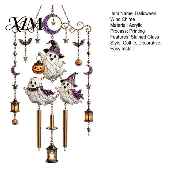 Bat Moon Themed Decor Halloween Stained Glass Style Wind Chime, Acrylic Suncatcher Hanging Ornament with Ghost Black Cat Raven Witch Festive