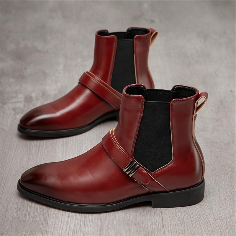 Зимняя Мода Мужские Черно-Красные Слипоны Остроносые Business Casual Ботильоны Мужские Высокие Челси Кожаные Туфли Zapatos Hombre
