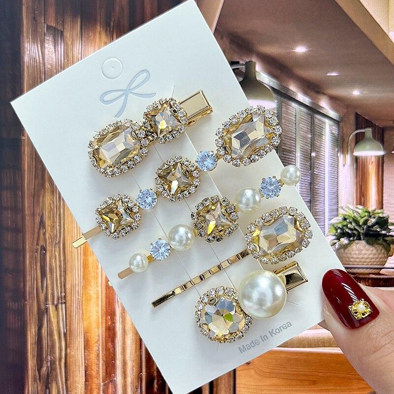 1 Set Fashion Crystal Hair Clips Jewelry For Women Hair Accessories Girls Luxury Pearl Geometric Barrettes Pins Christmas Gift