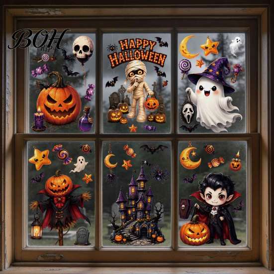Halloween Party Supplies Static Window Clings, Pumpkin Ghost Mummy Vampire Cartoon Decals, Cute Decor Self-Adhesive Clings for Glass Door Mirror Shop