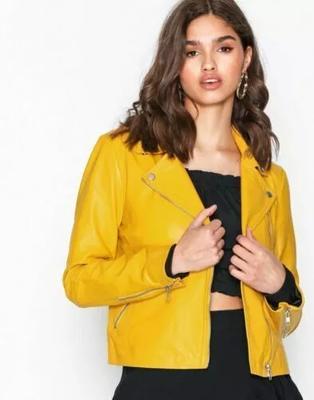 Подлинная стильная желтая овечья кожаная куртка на молнии для женщин, дизайнерский мотоцикл