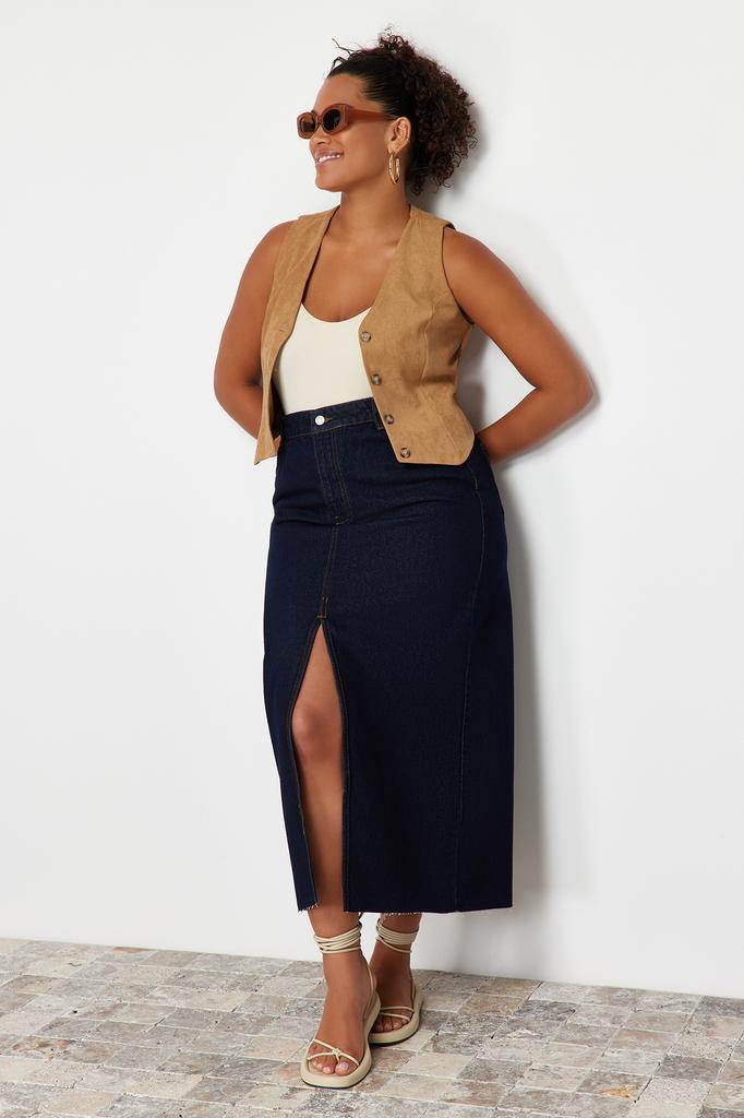 Женская модная темно-синяя джинсовая юбка макси большого размера с разрезом